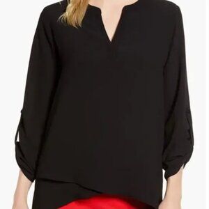 New w/o Tags Gibson Black Cris Cross V neck long Tab Sleeve Blouse with tab M